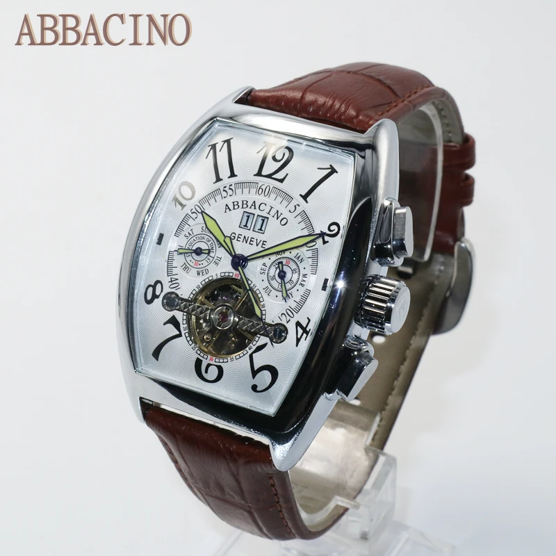 ABBACINO Winter Automatic Tourbillon Mechanical Watch For Men Luxury Designer Silver Leather Top Brand Wristwatch часы мужские