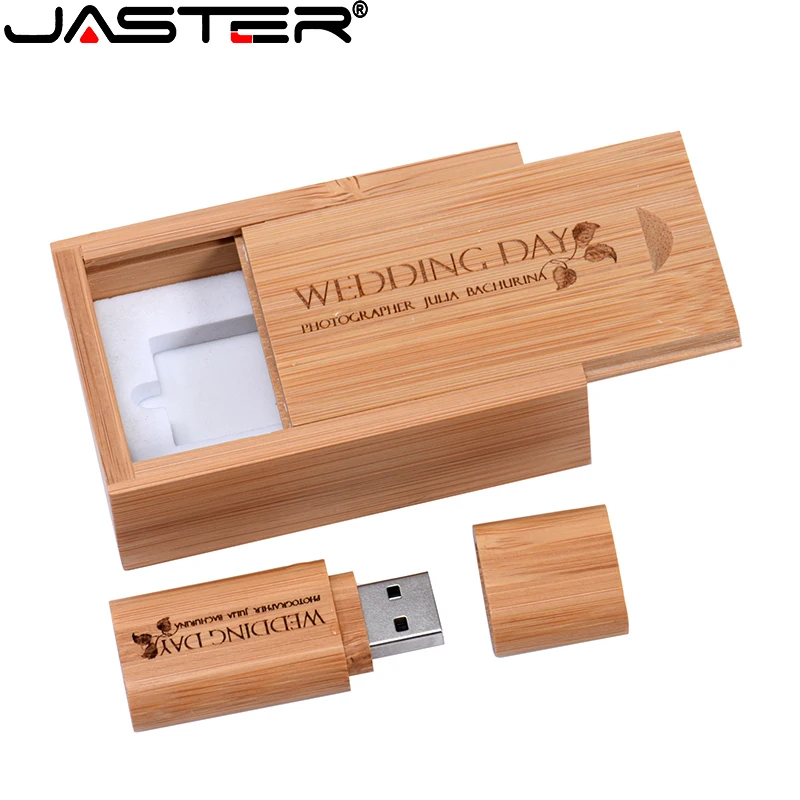 JASTER Free Custom Logo USB Flash Drive Wooden Box Pen Drive Wood Personalized Memory Stick 128GB 8GB 32GB 64GB Photography gift