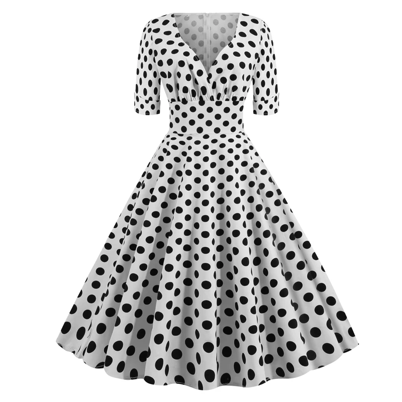 50s 60s Wrap Polka Dot Dresses Retro Style High Waist Sexy V-Neck Women Spring Yellow Midi Elegant Party Cotton Vintage Dress