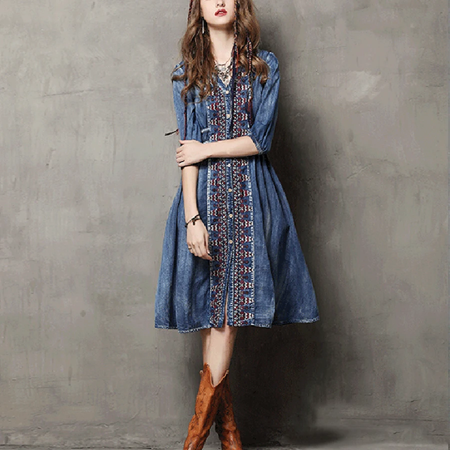 Imagem -03 - Teelynn-algodão Feminino Bordado Étnico Vestido Denim Midi Vestidos Boho Cordão Cintura Cigana Vestidos Bule