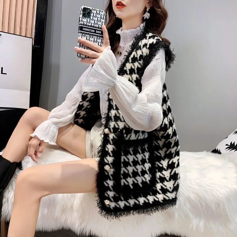 

Faux Mink Fur Houndstooth Knitted Vest Women Autumn Winter Pocket Loose Plaid Sleeveless Cardigan New Fashion Waistcoat