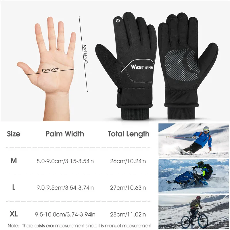 WEST BIKING Waterproof Bike Gloves Winter Warm Touch Screen Cycling Gloves 3M Thinsulate Thermal Sport Ski MTB Road Bike Gloves