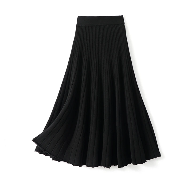 Solid Color Female Long Vintage WOOL Pleated Skirt Women Autumn Winter Elegant Fashion Ladies High Waist A line Skirt