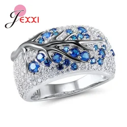 Solid 925 Silver Color Austrian Crystal Finger Rings Colorful Tree Original Design for Men Women Couple Jewelry