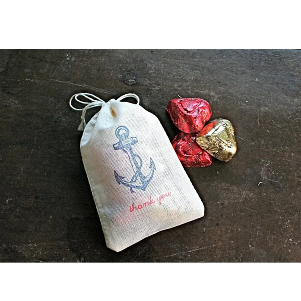 

Nautical Favor Bags for Wedding or Party Cotton gift bags, vintage style anchor, Thank You, cloth blue and red, Hand stamped,