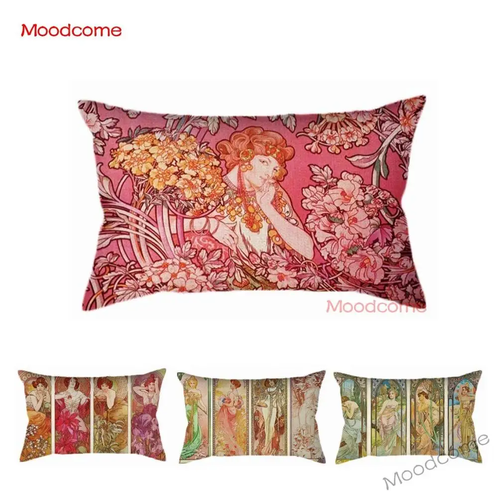 Art Nouveau Mucha Floral Angel Girl Beauty Spring Summer Autumn Winter Poster Waist Pillow Cover Rectangle Lumbar Cushion Cover