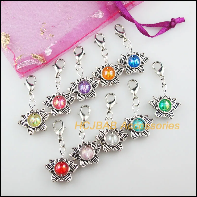 10 New Lotus Charms Mixed Mirage Resin Tibetan Silver Plated With Lobster Claw Clasps Frame Pendants 19mm