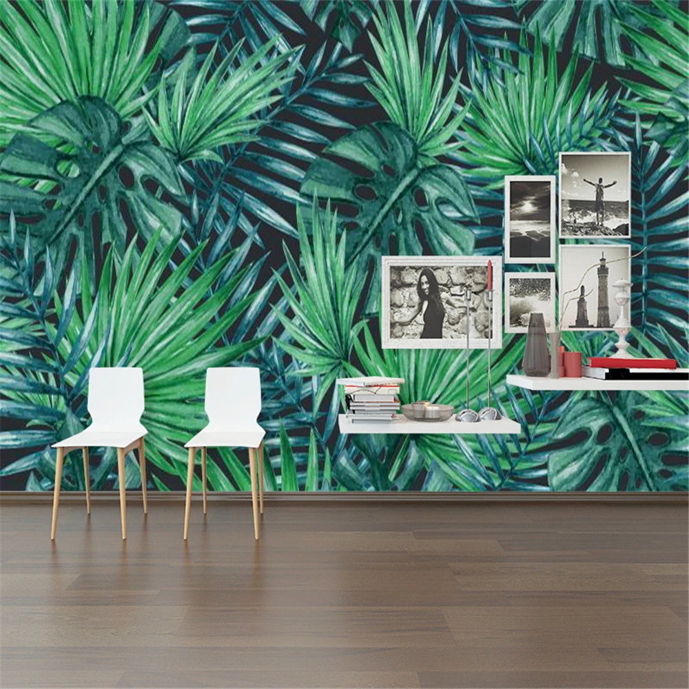 

Custom Mural Wallpaper Fresh And Simple Green Hand-Painted Tropical Rainforest Leaves TV Background Wall Painting