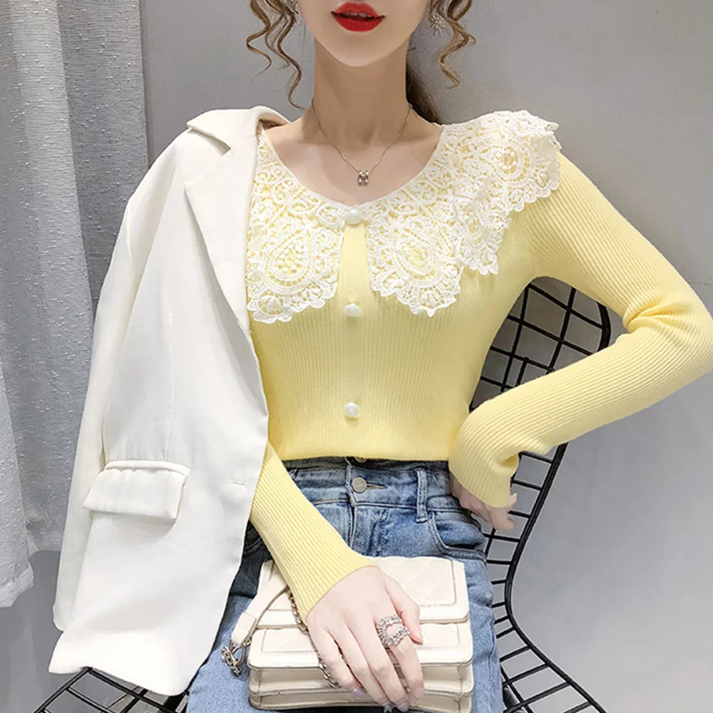 Sweet Autumn Spring Style Women Knitted Pullover Tops Lady Casual Long Sleeve Peter Pan Collar Sweater Pullover