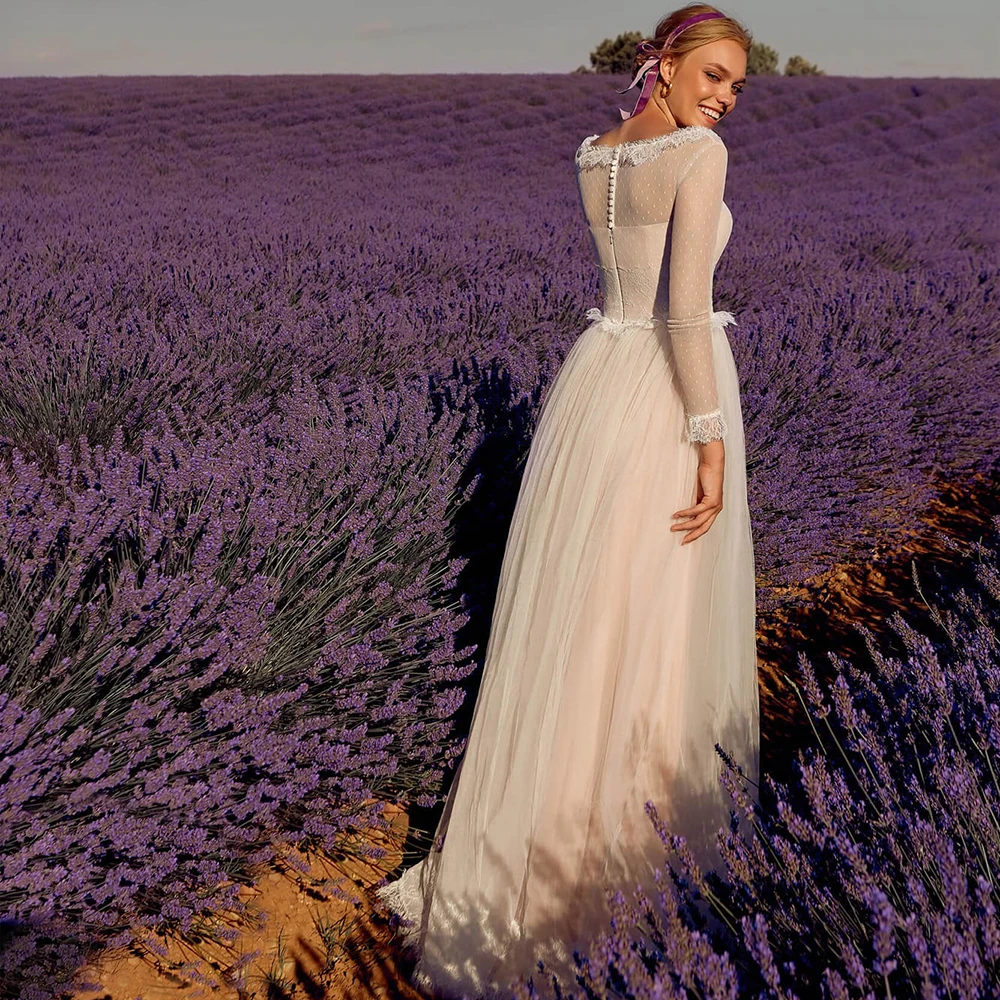 Vestido de novia de manga larga con cuello redondo, encaje hecho a medida, botones de cierre, tul punteado, estilo rústico, maxilite, fotografía, boda