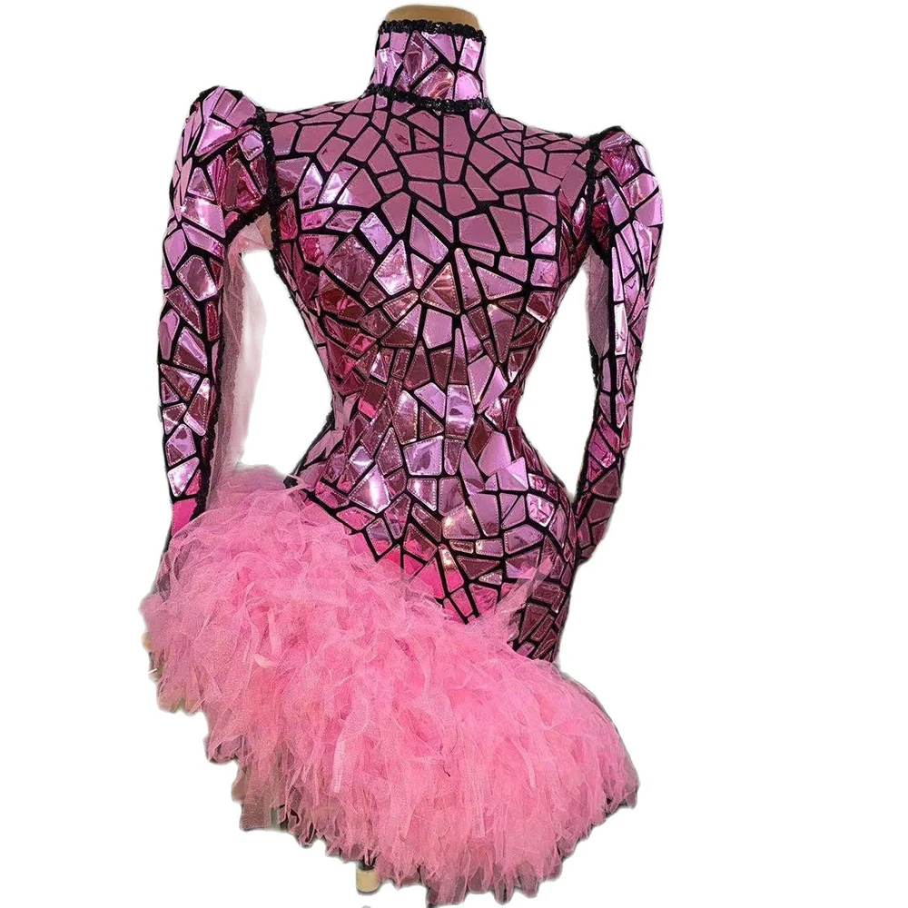 

Pink Mirror Shining Sequins Women Dress Long Sleeve Turtleneck Ladies Dance Costume Party Evening Drag Queen Outfit