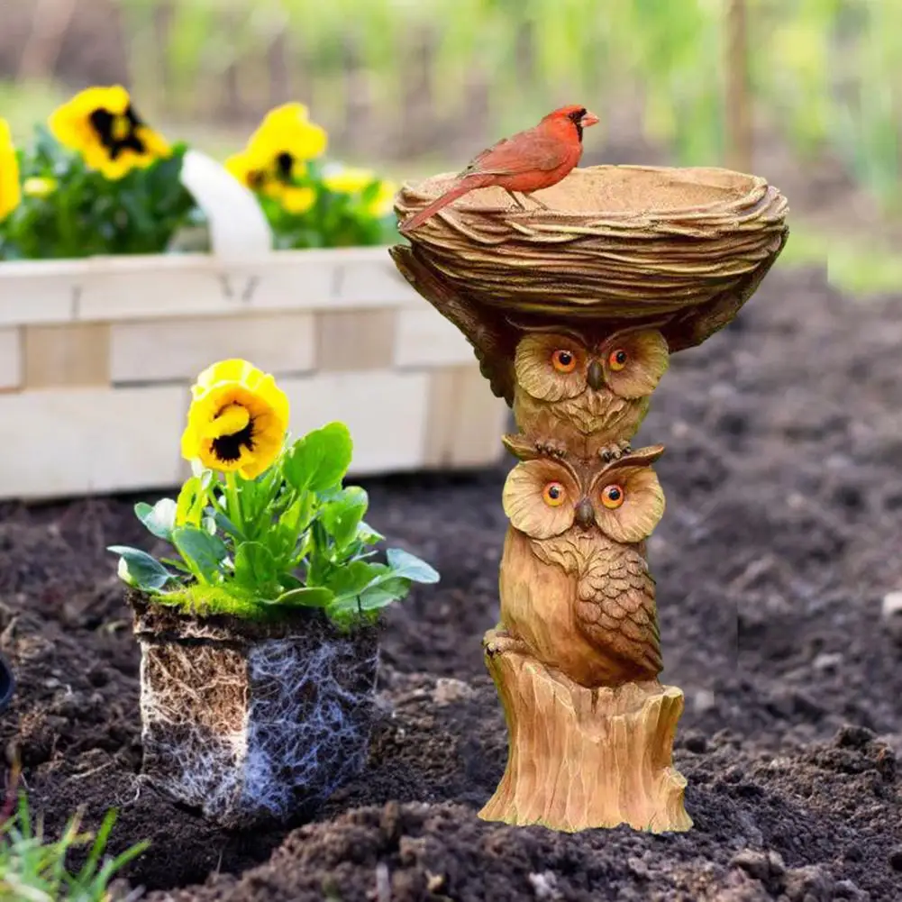 Coruja De resina y pájaros, baño De pájaros, jardín, patio, adorno De césped, comedero De pájaros, decoración De jardín, Fuente De Agua al aire libre, Solaire