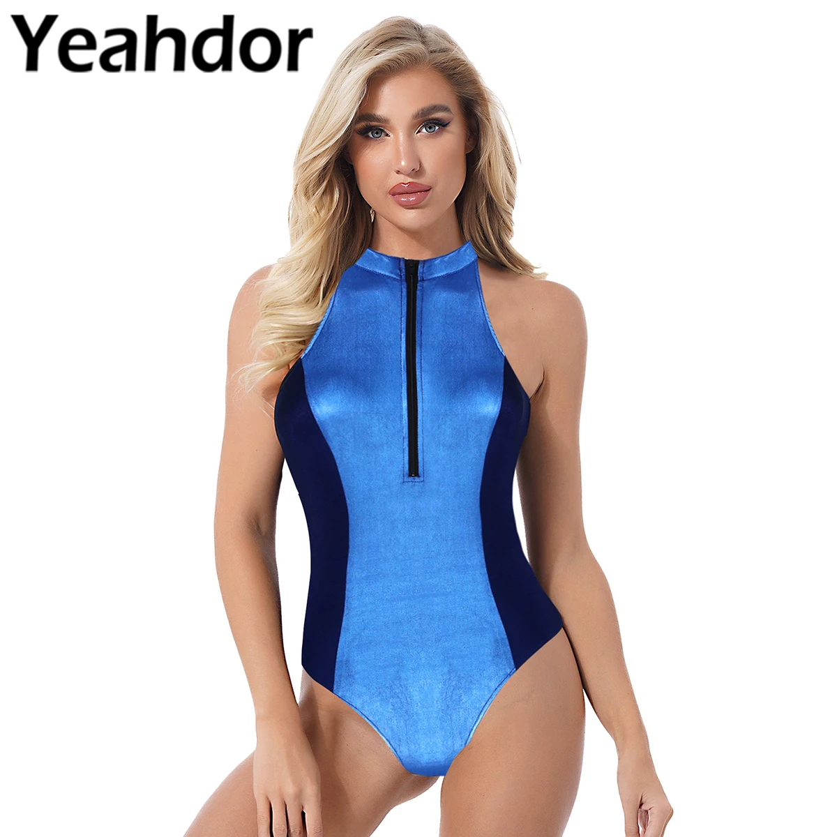 Women Patent Leather Patchwork Bodysuit Dancewear Halter Sleeveless Front Zip-up Hollow Out Leotard for Dance Class Yoga