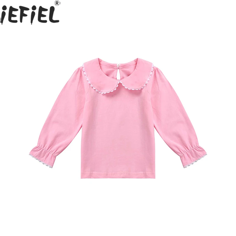 

Autumn Kids Girls Princess Flared Sleeve Solid Pullover Tops Doll Collar Shirts Cotton Lace Blouses Toddler Baby Girls Clothes