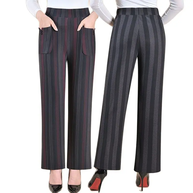 Women's Pants Trousers Middle-Aged Elderly Mothers Spring Autumn Wide-Leg Pants Stripe loose Casual Straight-Leg Pants 5XL 2022