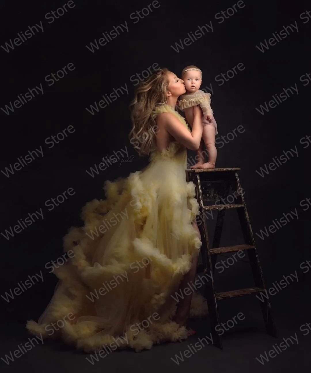 Chic Yellow Extra Puffy Ruffles Tulle Maternity Dresses Women Sexy A-Line Front Open Ruffled Long Party Dress For Photo Shoot