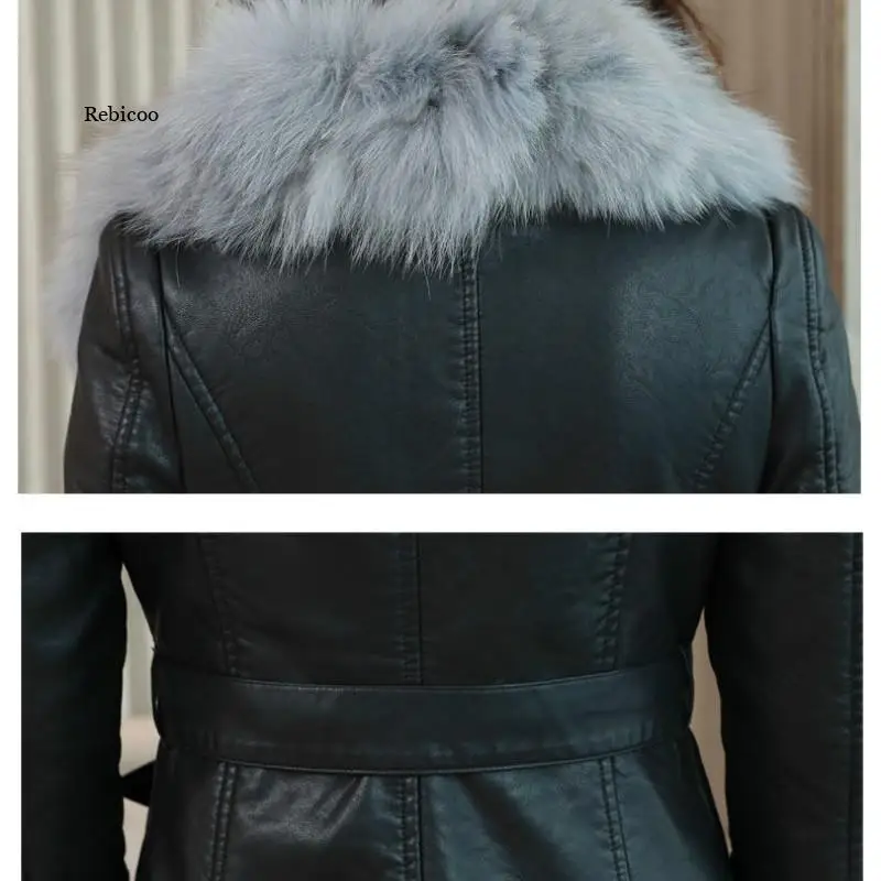 Women\'s Leather Jacket for Winter New Plus Velvet Warm Slim Big Fur Collar Long Leather Coat Female Outerwear Winter