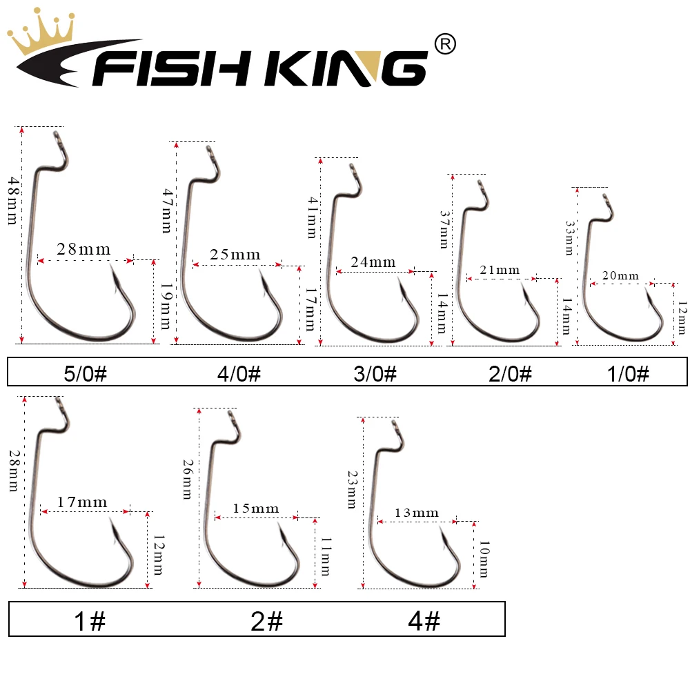 FISH KING-Soft Worm Fishing Hook, Bass Barbed Carbon Steel, Wide Crank Offset Fishhook, Carp Fishing Hooks