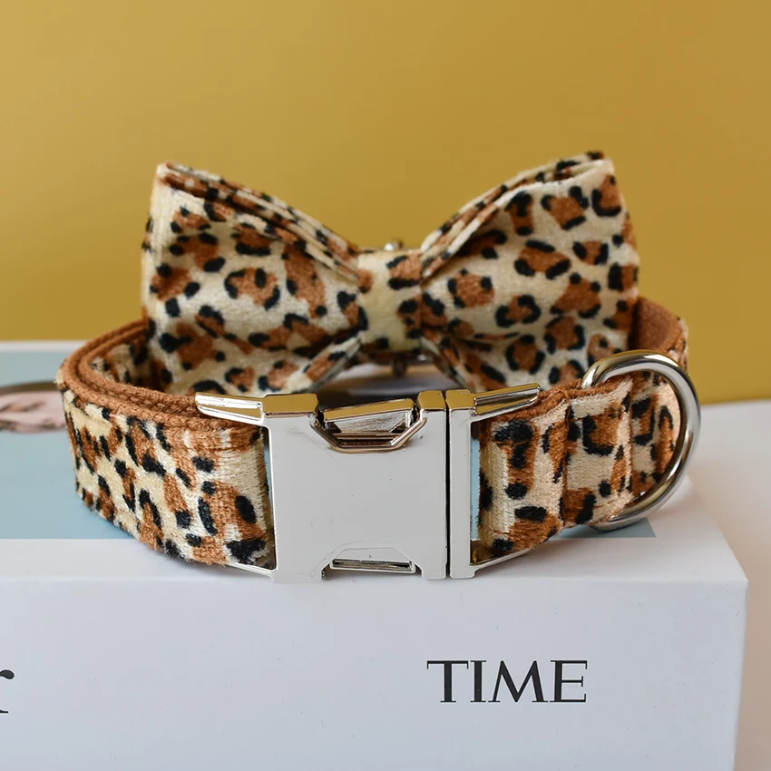 Leopard Print Bow Tie Dog Collar For Small Medium Large Dogs Custom Collars Engraved Nameplate Pet Supplies Necklace Animal 01