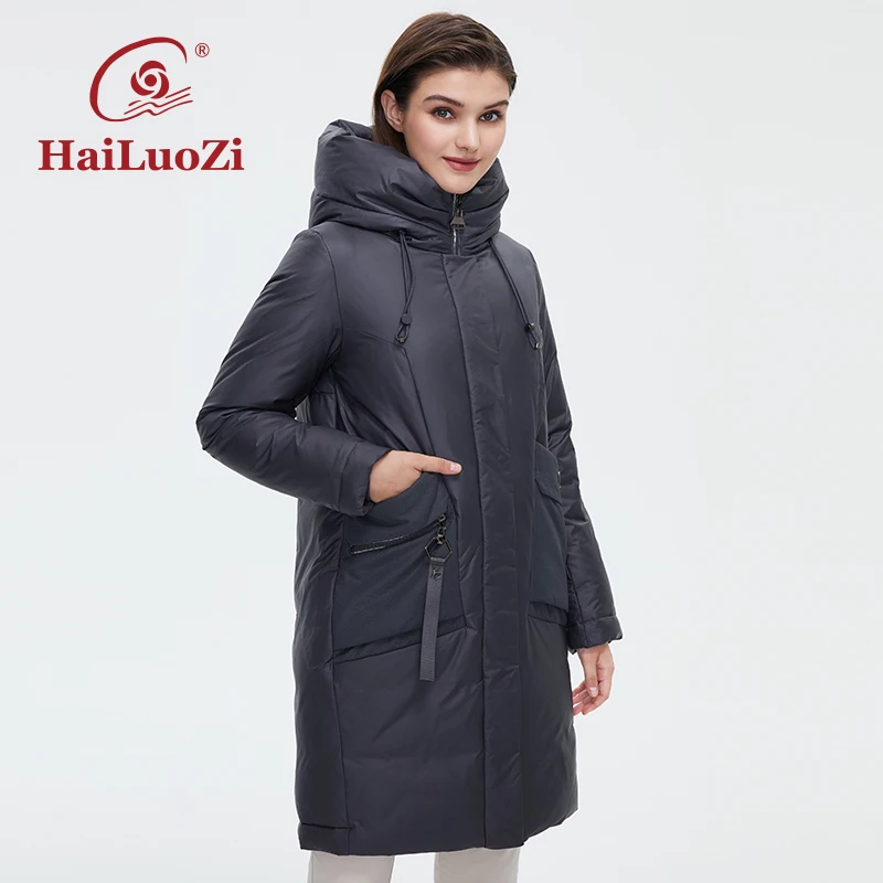 HaiLuoZi 2022 Women's Winter Down Jacket High Collar Padded Warm Lady Coat Fashion Big Pocket Hooded Zipper Female Parkas 6026