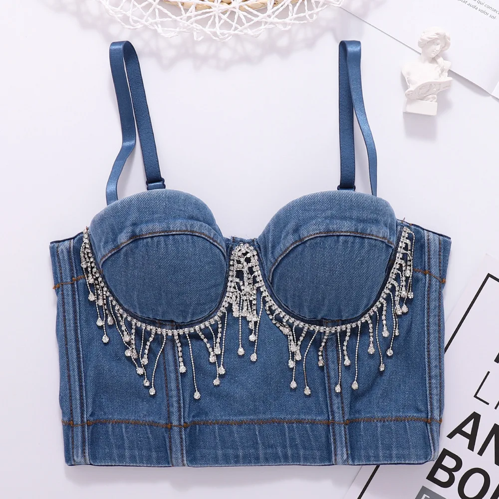 2023 New Denim Camisole Sexy Backless Short Top Fish Bone Tube Top Beading Fringed Tassel Dance Bustier Bra For Women Y1239