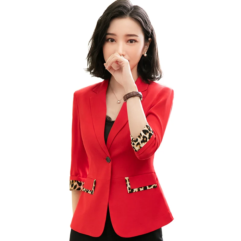 

Fashion leopard patchwork Blazer women summer 2021 New formal half sleeve jacket office ladies plus size casual coat