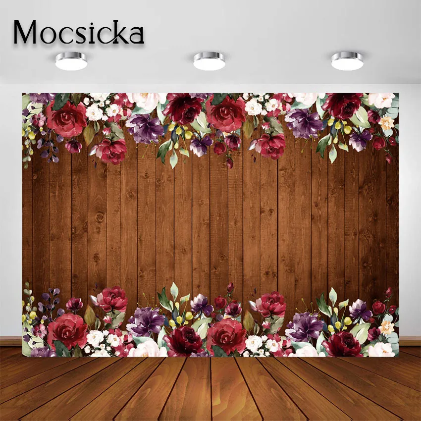 

Mocsicka Burgundy Red Flowers Backdrop Rustic Wood Burgundy Floral Photography Background Photoshoot Wedding Party Decoration