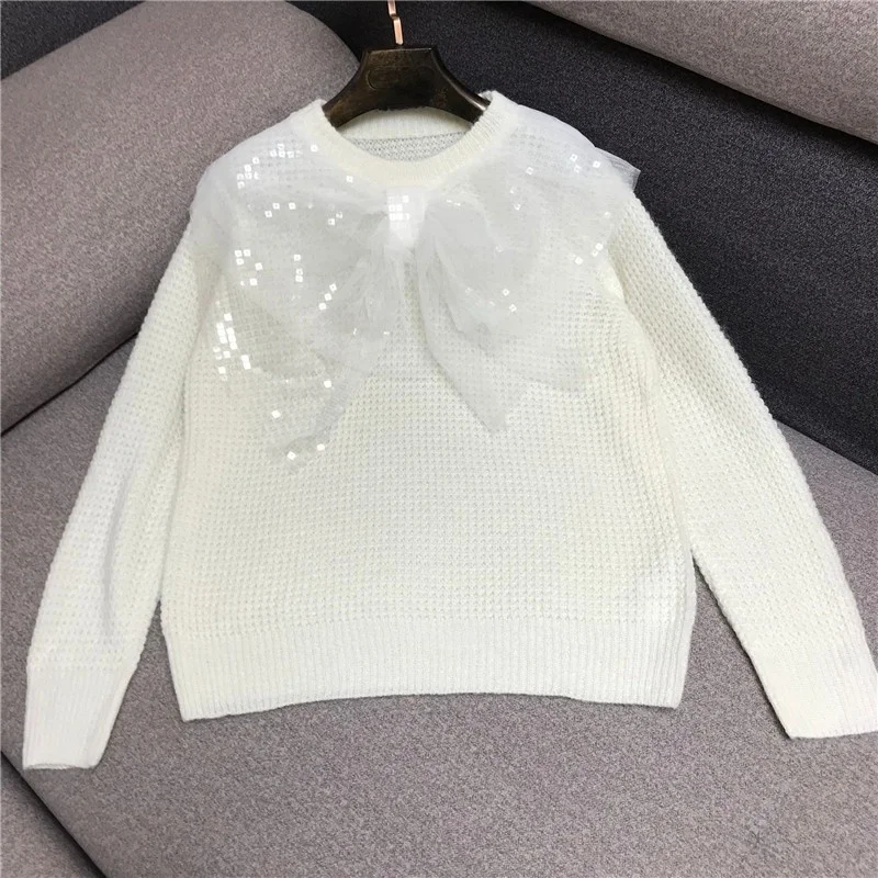 Suéter de manga larga para mujer, Jersey de punto con lazo de malla de lentejuelas, Tops de moda, cuello redondo, elegante, novedad de otoño