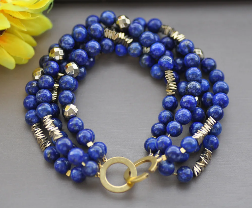 

Z10228 5Row 8" 8mm Natural Round lapis lazuli Gold Hematite Bracelet