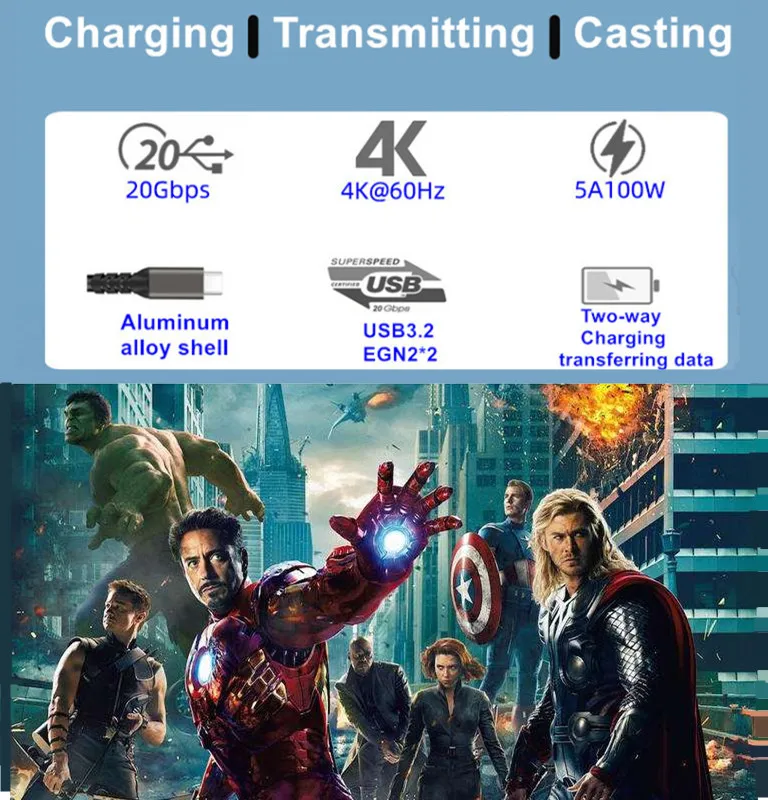 Cable de carga rápida USB3.2 Gen2 20Gbps PD 4K 100W USB tipo C para teléfono Macbook Pro/Air DELL Xiaomi 20V/5A 4K @ 60Hz, 2m