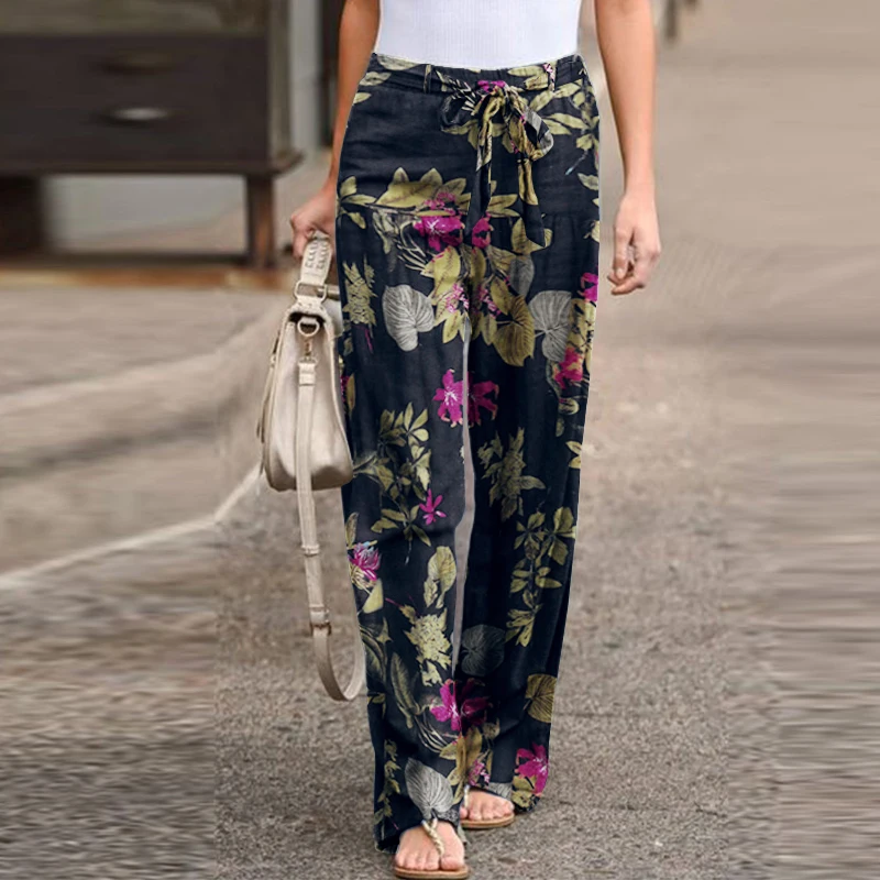 

Vintage Women Floral Printed Pants Spring Autumn Fashion Drawstring Wide Leg Trousers Ladies Casual Loose Long Pantalones