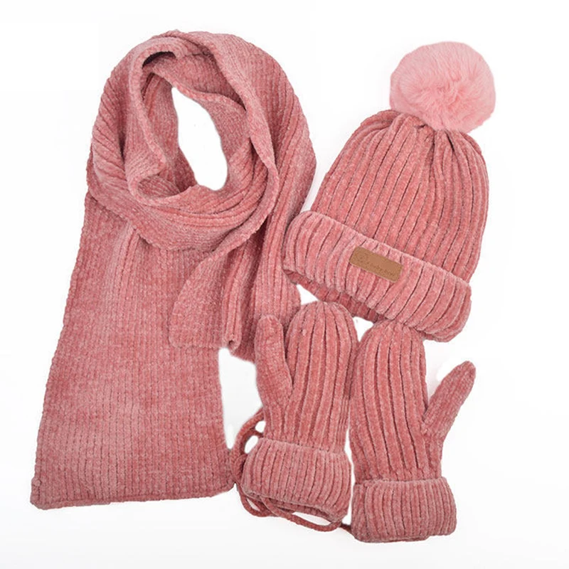 3 PCS Plush Scarf Hat Glove Set For Kid Winter Thicken Cold-Proof Hat Scarves Flocking Warm Gloves Scarves Boy Girls Scarf Set