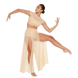 MiDee Contemporary Lyrical Dance Costume 2 Piece Set Mesh Top Wide Leg Pants Stage Competition Performance Women Girls