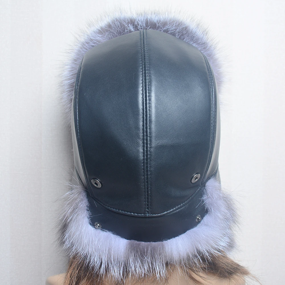 100% Real Fox Fur Hat Women\'s Russian Ushanka Aviator Trapper Snow Ski Hat Caps Ear Winter Raccoon Fur Real Sheepskin Bomber Hat