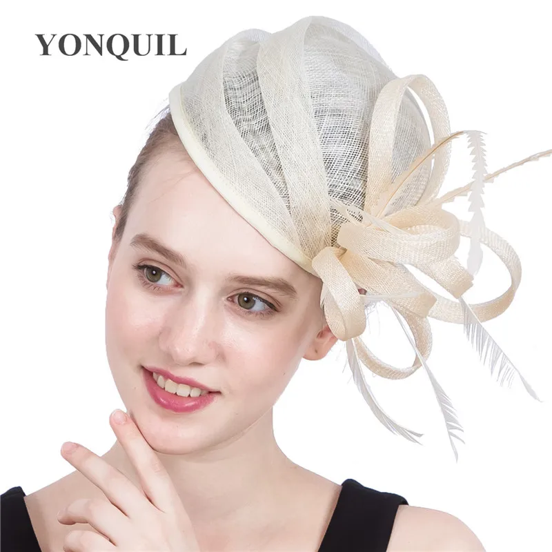 Nice Fashion Sinamay Wedding Chapeau Cap Bridal Elegant Fascinator Hat Hair Pin Fancy Feather Headpiece Women Party Millinery