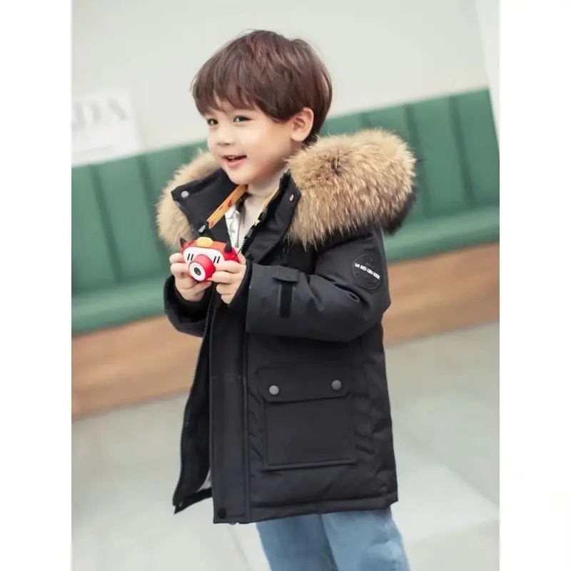 New Boys Down Jacket winter Thick Warm Outerwear  Boys Kids Parka faux Fur hooded snowsuit Teenage 10 12 14 years