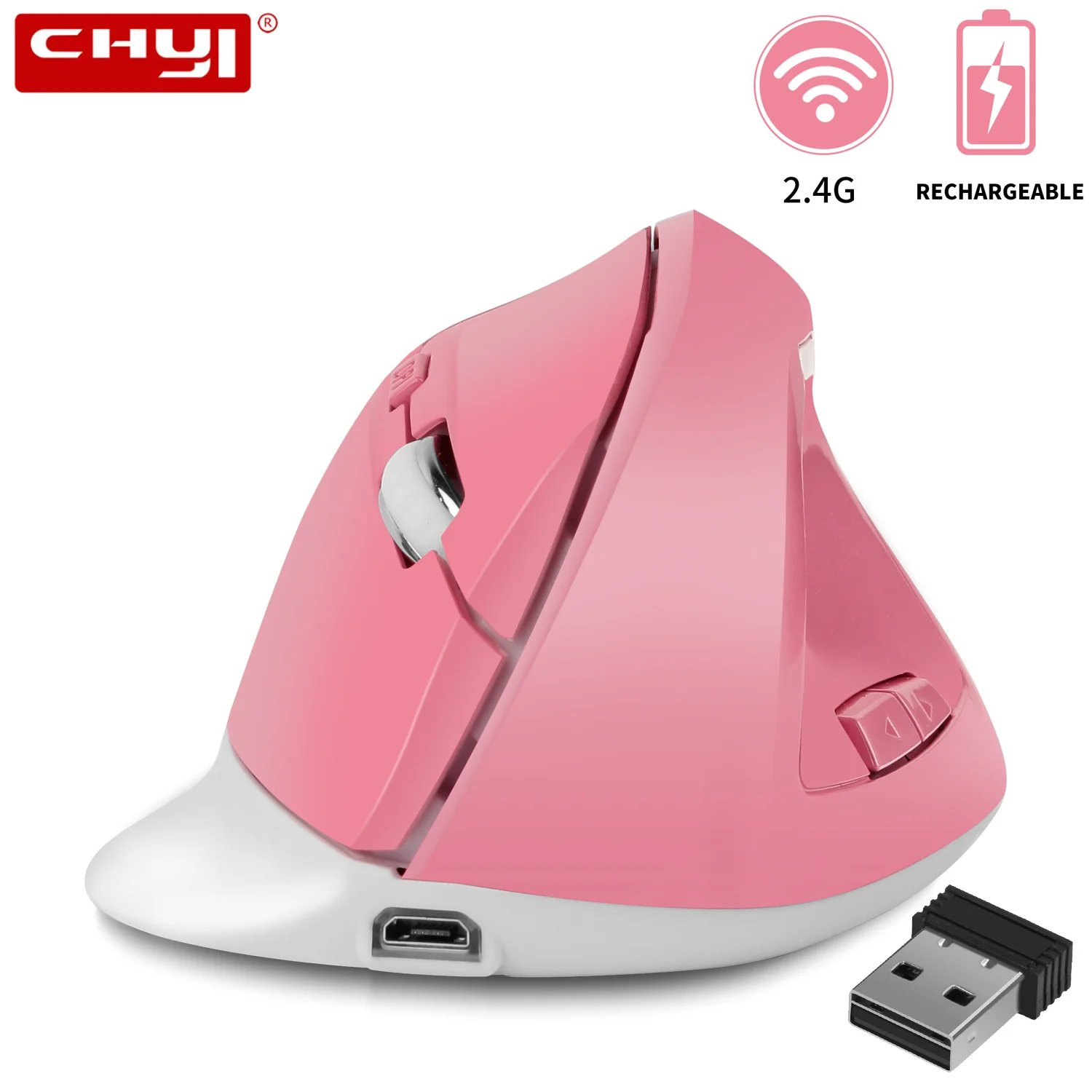 

CHYI Wireless Vertical Mouse 2.4Ghz Rechargeable Ergonomic Optical 1600 DPI Pink Girl Computer Mause 3D Gamer Mice For Laptop