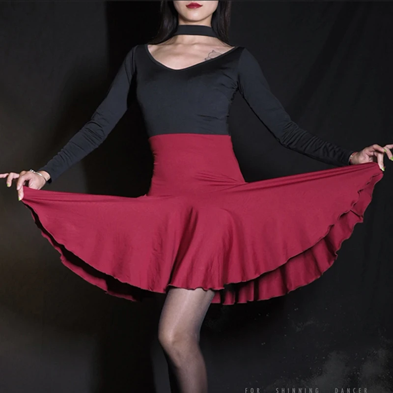 

2020 Latin Dance Dress Women Costume Set Practice Dress Hanging Neck Long-Sleeved Top Red Skirt Female Sexy Latin Dancewear 637