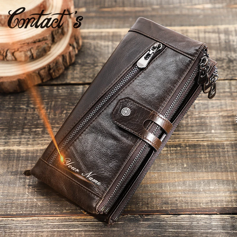 Contato de gravura livre homens carteira de couro genuíno zipper capacidade masculina bolsa de dinheiro longo telefone titular do cartão de bolso