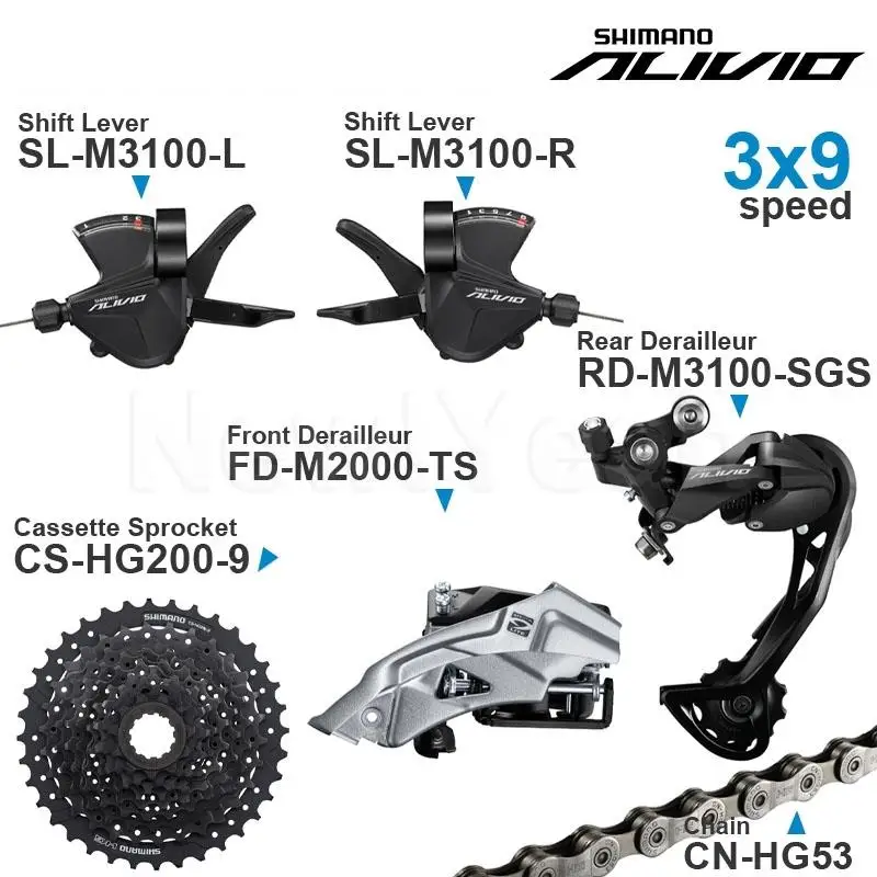 SHIMANO ALIVIO M3100 3x9v Groupset with 3x9 speed Shifter REAR and M2000 Front  DERAILLEUR HG200 Cassette Sprocket COG Chains