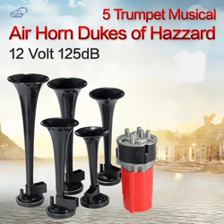 5pcs 125dB Musical Car of Hazzard + Compressor with 5 Black Dixie Trumpet 12V Air Horns Suitable for Cars