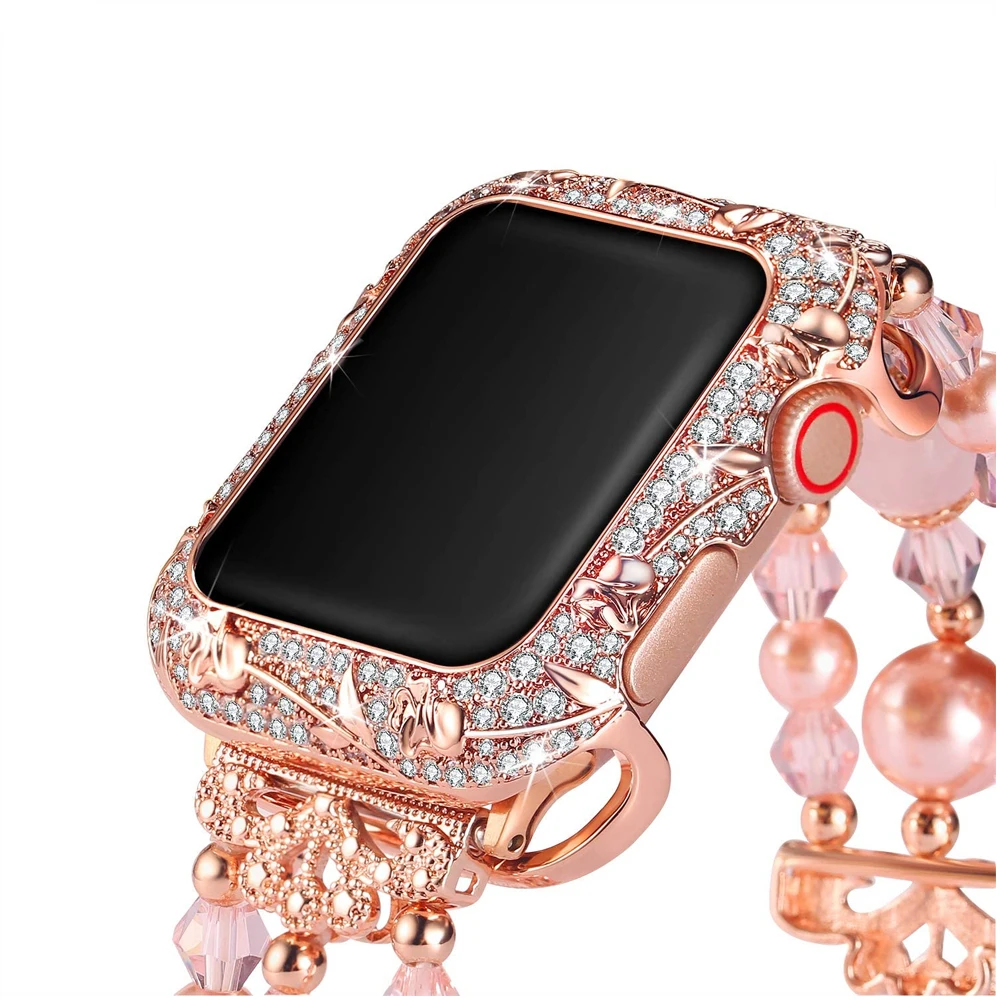 Gorgeous Bling Zircon Bezel Cover for Apple Watch Case Series 6 5 4 3 SE 44mm 40mm Floral Stainless Luxury Protector Woman Black