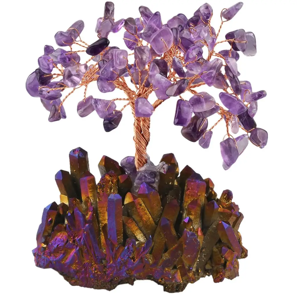 

Natural Amethyst Crystal Tree With Raw Titanium Coated Quartz Cluster Base Bonsai Money Tree For Wealth And Luck