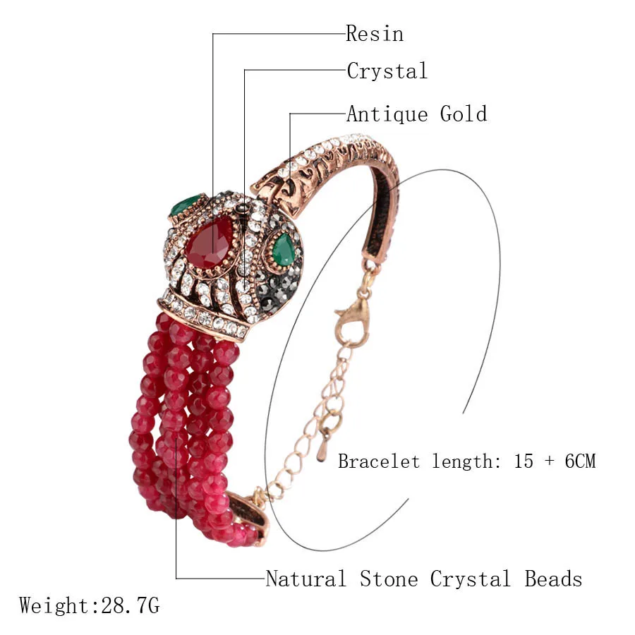 Wbmqda Luxury Red Natural Stone Bracelet Antique Gold Color Crystal Vintage Bracelets For Women Christmas Gift Turkish Jewelry