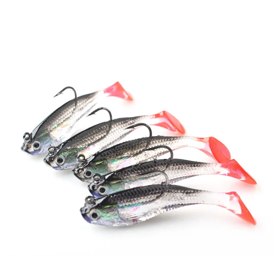 5pcs Soft Fish Fishing Lures Set 6cm 8cm 3D Eyes Wobbler Swimbait Jig Head Soft plastics Artificial Bait Silicone Fishing Tackle