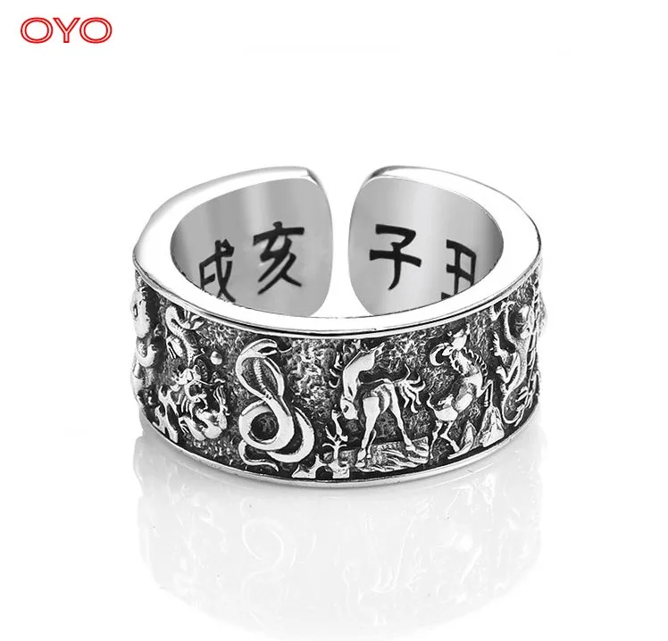 

100% 925 sterling silver zodiac ring men's trendy retro black trendy personality opening adjustable new