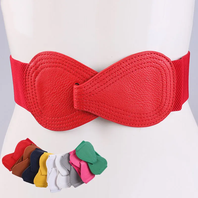 Fashion Retro Red Elastic Waistband Female Solid Wide Belt Ladies Bow Faux Leather Waistbands Dress Corset Belt High Quality