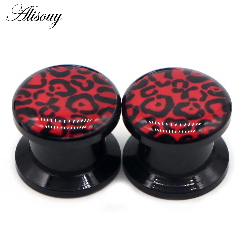 Alisouy 2PCS Acrylic Leopard Print Black Screw Ear Plugs Flesh Tunnel Earring Gauges Hollow Piercings Ear Expanders Body Jewelry