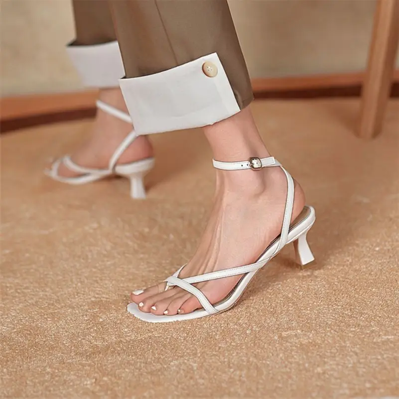 Meotina Sandals Shoes Women Genuine Leather Sandals Narrow Band High Heel Shoes Square Toe Thin Heel Ladies Footwear Summer 43