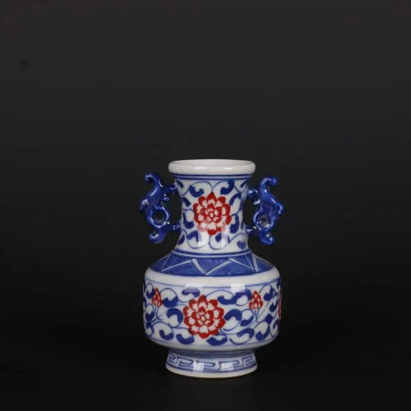 Chinese Blue and White Porcelain Red Flower Design Vase 2.8 inch Binaural Mini Ornamental Bottle